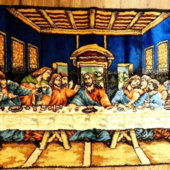 VTG Tapestry wall hanging rug The Last Supper made in Italy W.P.L. plush 39x19.5 - Picture 2 of 9